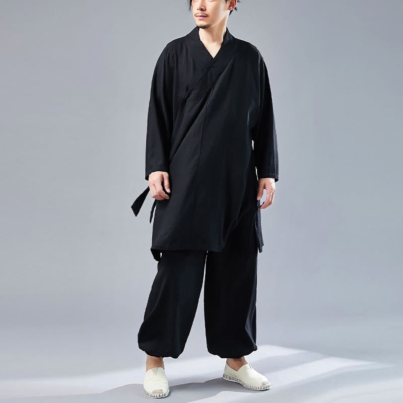 Nimara Ritual 2Pcs V-Neck Men's Long Sleeve Shirt Top Pants Meditation Zen Tai Chi Cotton Linen Clothing Set