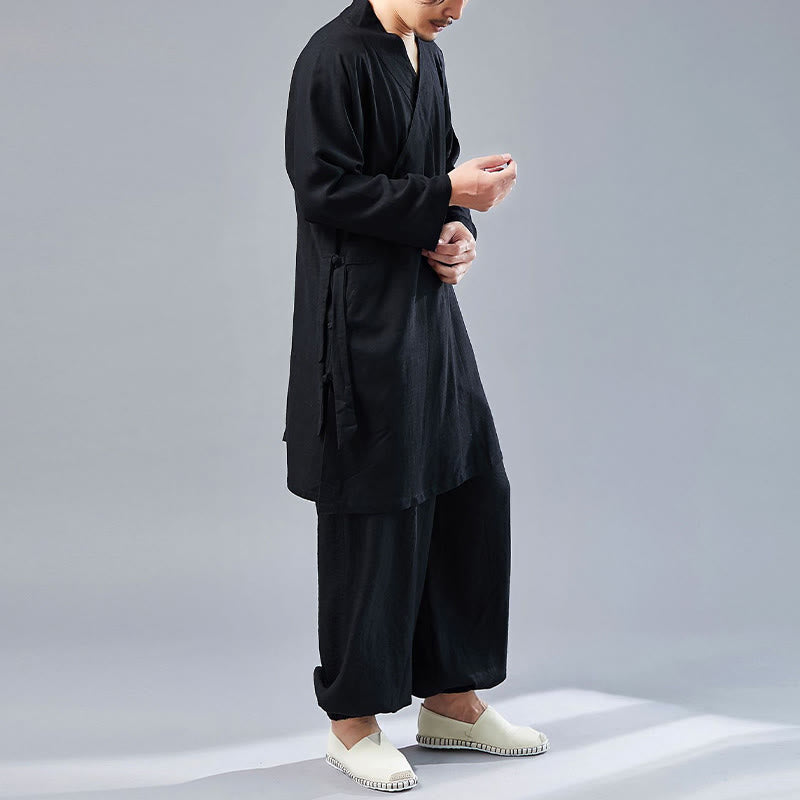 Nimara Ritual 2Pcs V-Neck Men's Long Sleeve Shirt Top Pants Meditation Zen Tai Chi Cotton Linen Clothing Set