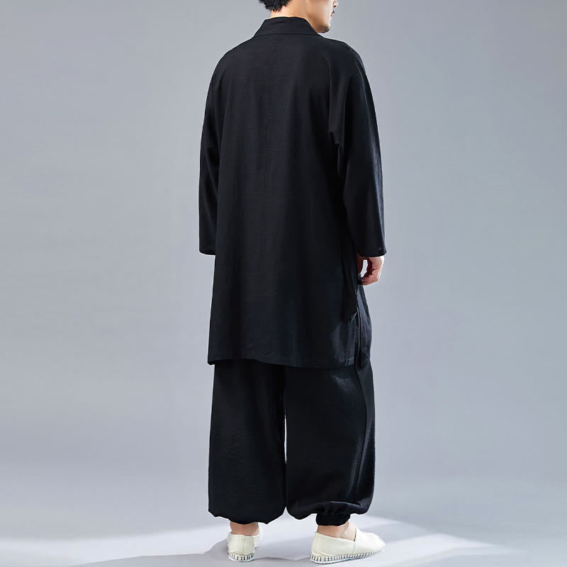 Nimara Ritual 2Pcs V-Neck Men's Long Sleeve Shirt Top Pants Meditation Zen Tai Chi Cotton Linen Clothing Set