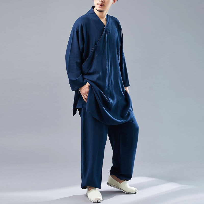 Nimara Ritual 2Pcs V-Neck Men's Long Sleeve Shirt Top Pants Meditation Zen Tai Chi Cotton Linen Clothing Set
