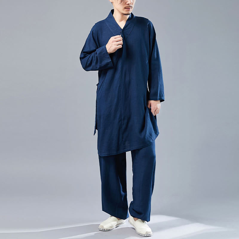 Nimara Ritual 2Pcs V-Neck Men's Long Sleeve Shirt Top Pants Meditation Zen Tai Chi Cotton Linen Clothing Set