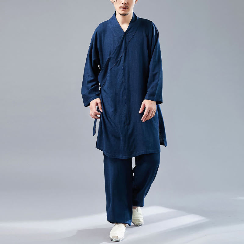 Nimara Ritual 2Pcs V-Neck Men's Long Sleeve Shirt Top Pants Meditation Zen Tai Chi Cotton Linen Clothing Set