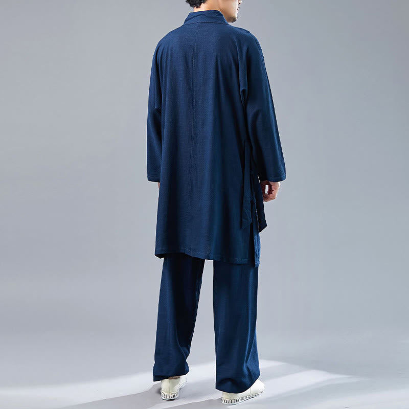 Nimara Ritual 2Pcs V-Neck Men's Long Sleeve Shirt Top Pants Meditation Zen Tai Chi Cotton Linen Clothing Set