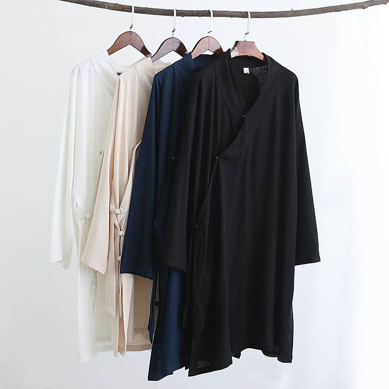 Nimara Ritual 2Pcs V-Neck Men's Long Sleeve Shirt Top Pants Meditation Zen Tai Chi Cotton Linen Clothing Set