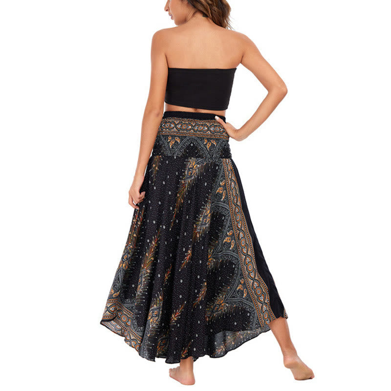 Nimara Ritual Two Style Wear Boho Summer Peacock Feather Lace-up Skirt Dress