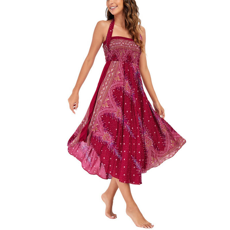 Nimara Ritual Two Style Wear Boho Summer Peacock Feather Lace-up Skirt Dress
