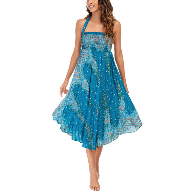 Nimara Ritual Two Style Wear Boho Summer Peacock Feather Lace-up Skirt Dress