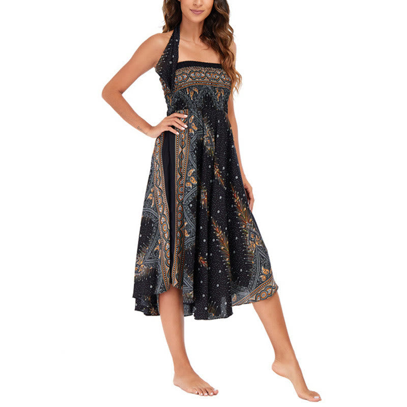 Nimara Ritual Two Style Wear Boho Summer Peacock Feather Lace-up Skirt Dress