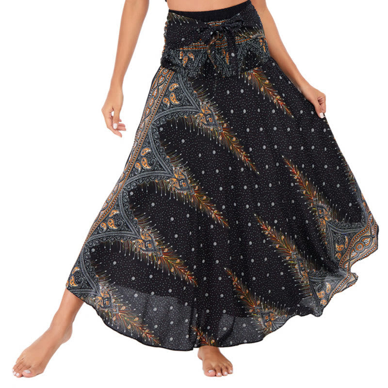 Nimara Ritual Two Style Wear Boho Summer Peacock Feather Lace-up Skirt Dress
