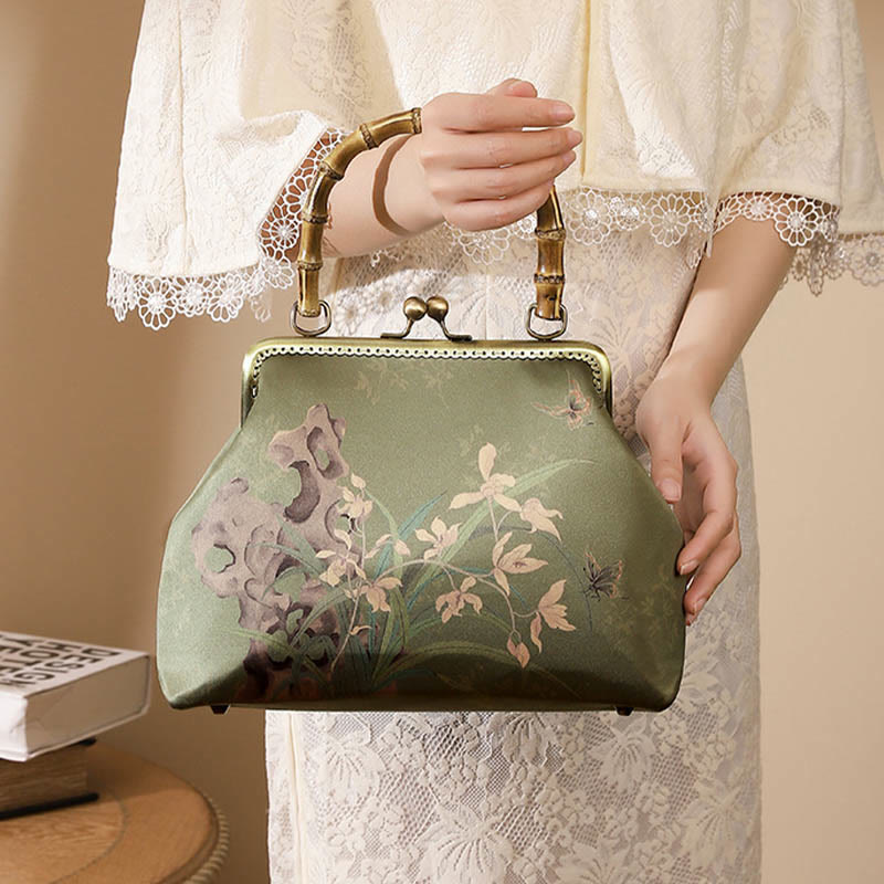 Nimara Ritual Green Plants Mountains Bamboo Handle Metal Chain Crossbody Bag Handbags