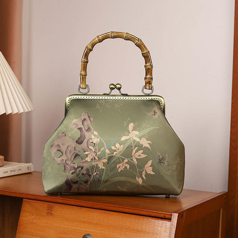 Nimara Ritual Green Plants Mountains Bamboo Handle Metal Chain Crossbody Bag Handbags