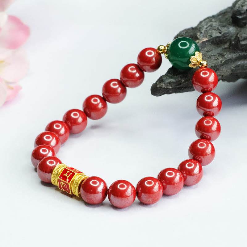 Nimara Ritual Natural Cinnabar Green Agate Om Mani Padme Hum Pattern Blessing Bracelet