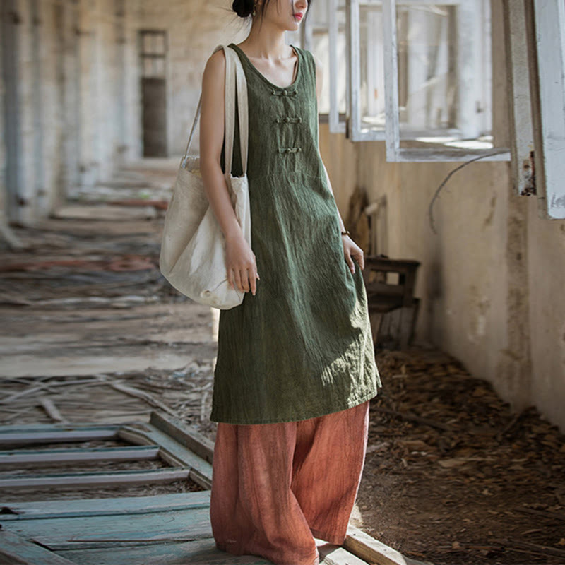 Nimara Ritual Frog-Button Ramie Linen Women's Sleeveless Knee Length Dress With Pockets