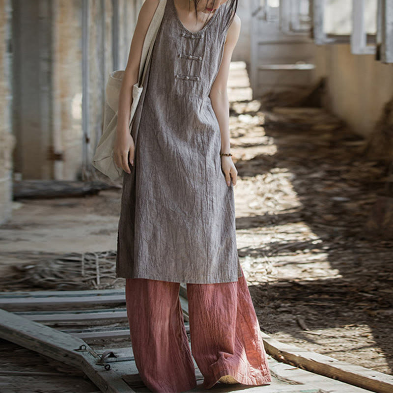 Nimara Ritual Frog-Button Ramie Linen Women's Sleeveless Knee Length Dress With Pockets