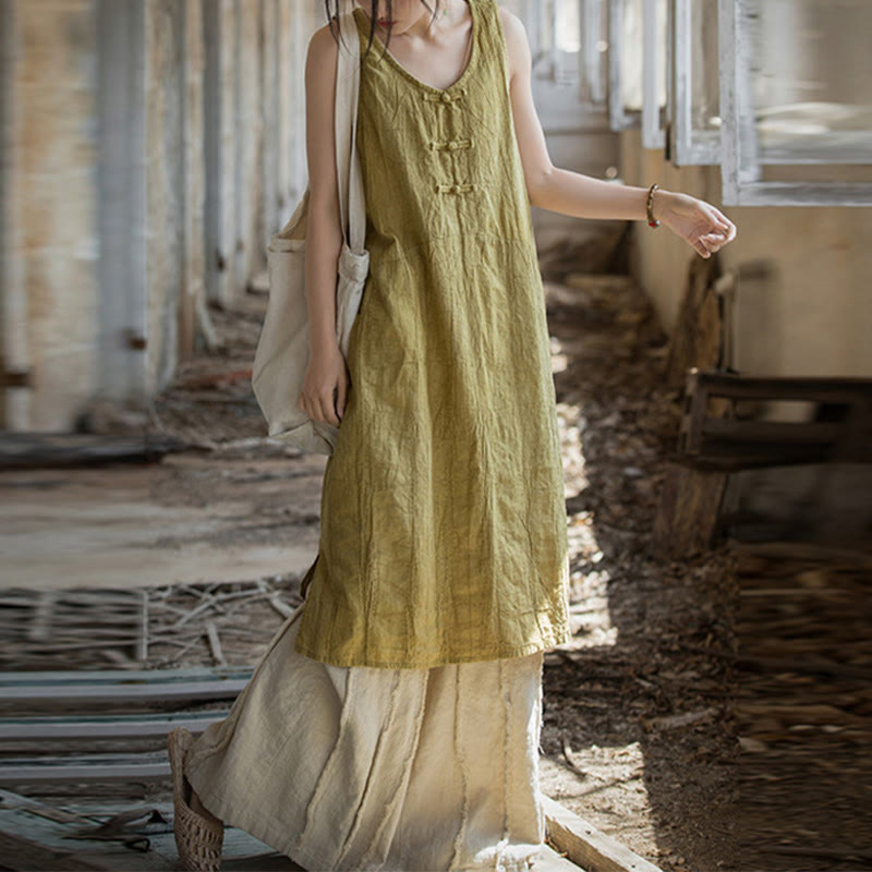Nimara Ritual Frog-Button Ramie Linen Women's Sleeveless Knee Length Dress With Pockets