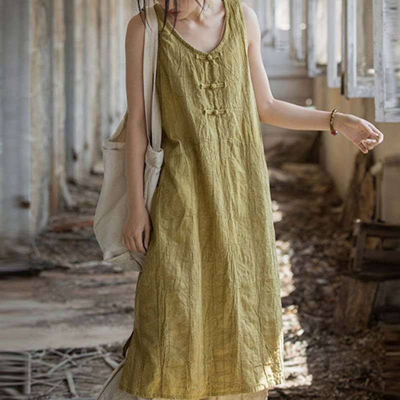 Nimara Ritual Frog-Button Ramie Linen Women's Sleeveless Knee Length Dress With Pockets