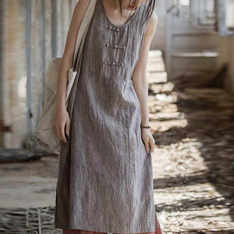 Nimara Ritual Frog-Button Ramie Linen Women's Sleeveless Knee Length Dress With Pockets