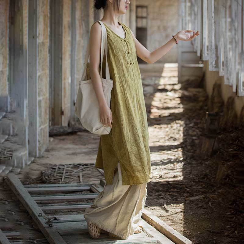 Nimara Ritual Frog-Button Ramie Linen Women's Sleeveless Knee Length Dress With Pockets