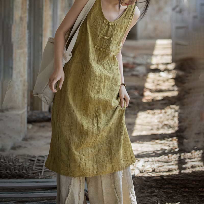 Nimara Ritual Frog-Button Ramie Linen Women's Sleeveless Knee Length Dress With Pockets