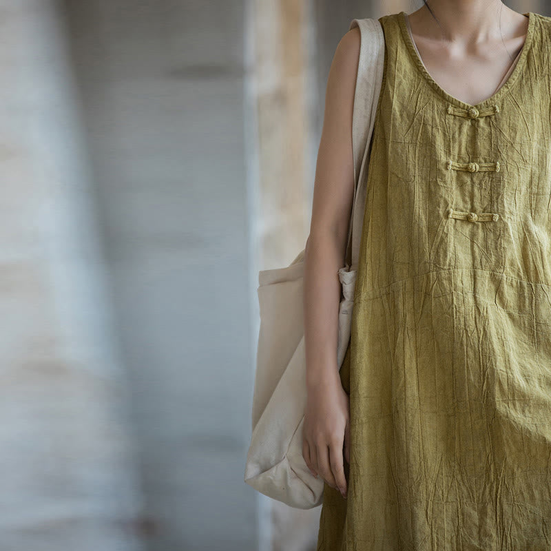 Nimara Ritual Frog-Button Ramie Linen Women's Sleeveless Knee Length Dress With Pockets