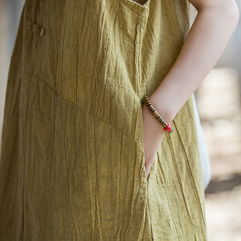 Nimara Ritual Frog-Button Ramie Linen Women's Sleeveless Knee Length Dress With Pockets