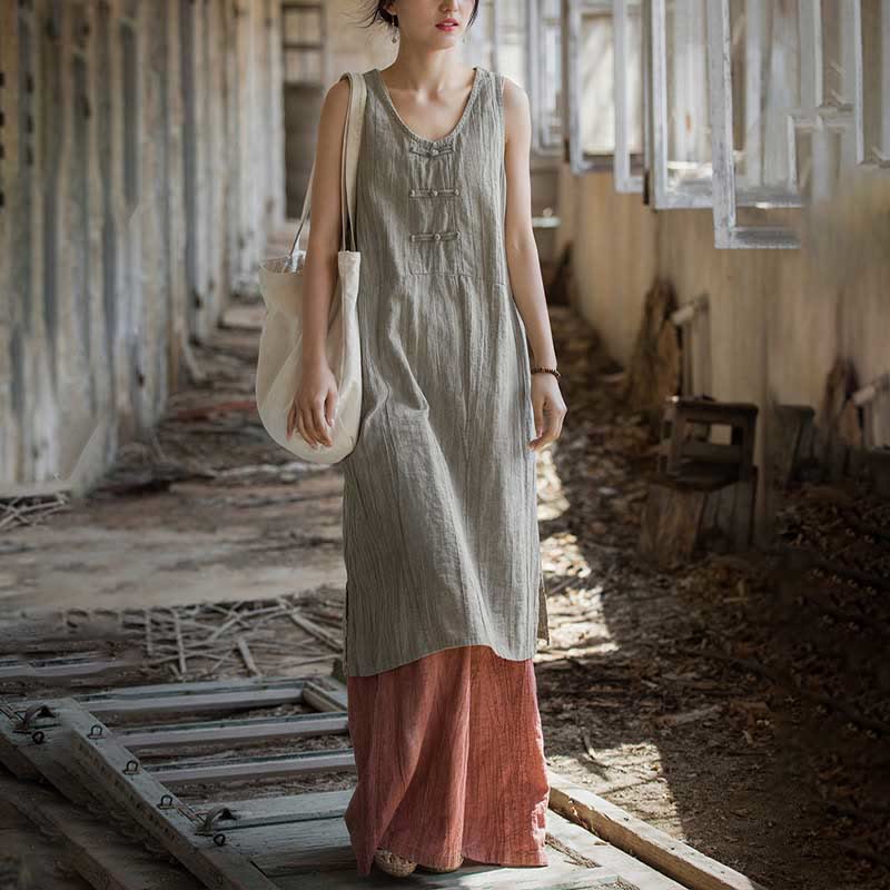 Nimara Ritual Frog-Button Ramie Linen Women's Sleeveless Knee Length Dress With Pockets