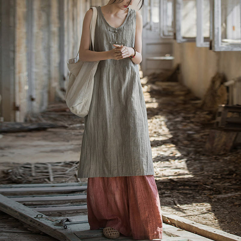 Nimara Ritual Frog-Button Ramie Linen Women's Sleeveless Knee Length Dress With Pockets