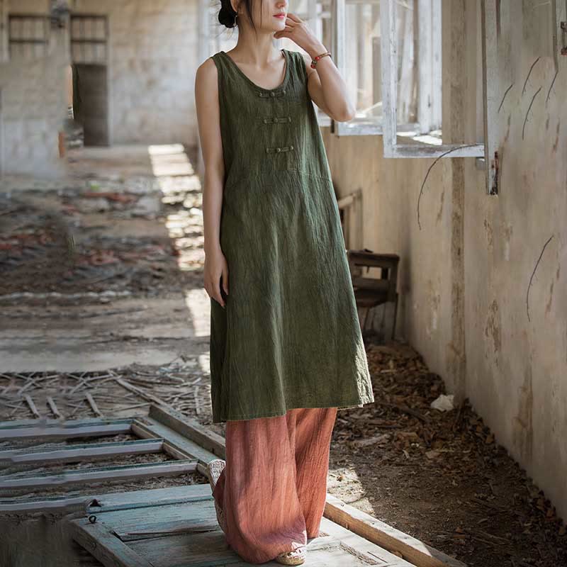 Nimara Ritual Frog-Button Ramie Linen Women's Sleeveless Knee Length Dress With Pockets