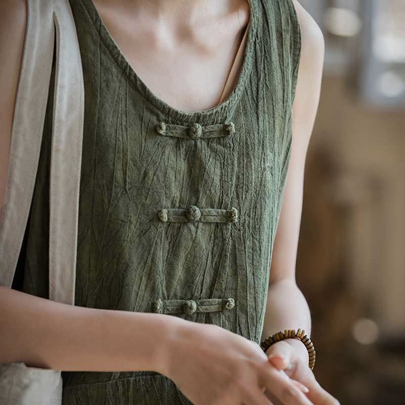 Nimara Ritual Frog-Button Ramie Linen Women's Sleeveless Knee Length Dress With Pockets