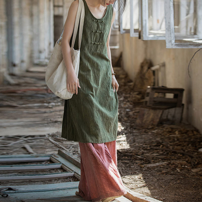 Nimara Ritual Frog-Button Ramie Linen Women's Sleeveless Knee Length Dress With Pockets