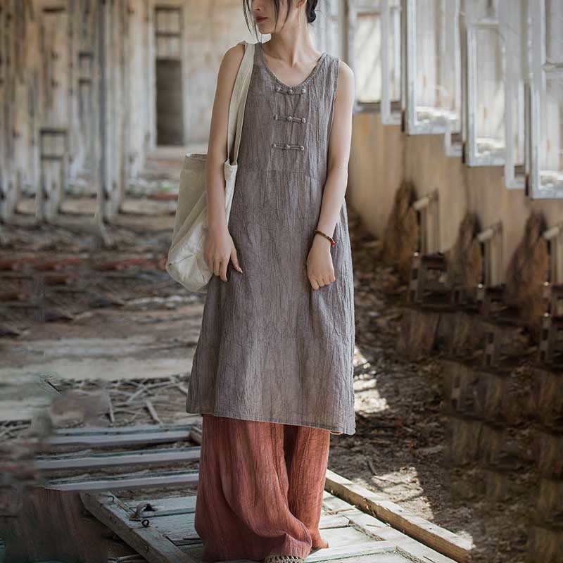 Nimara Ritual Frog-Button Ramie Linen Women's Sleeveless Knee Length Dress With Pockets