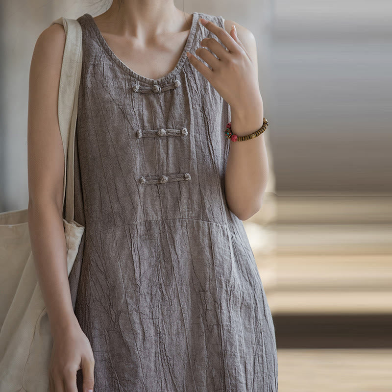 Nimara Ritual Frog-Button Ramie Linen Women's Sleeveless Knee Length Dress With Pockets