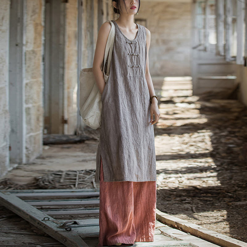 Nimara Ritual Frog-Button Ramie Linen Women's Sleeveless Knee Length Dress With Pockets