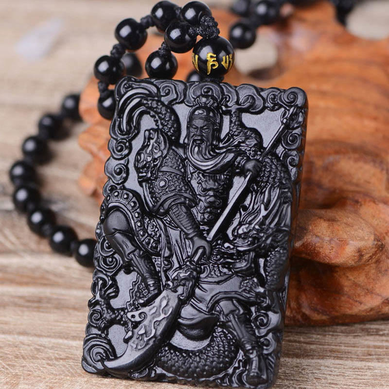 Nimara Ritual Black Obsidian Guan Gong Amulet Engraved Strength Necklace Pendant