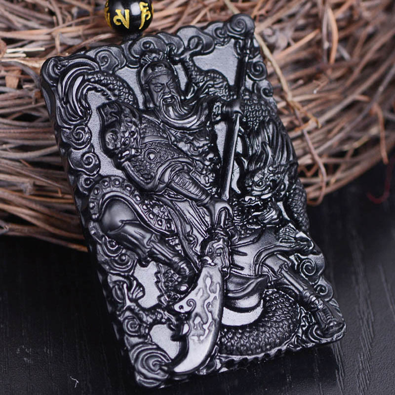 Nimara Ritual Black Obsidian Guan Gong Amulet Engraved Strength Necklace Pendant