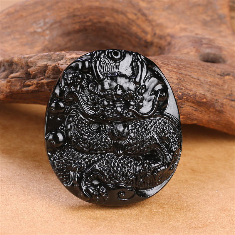 Nimara Ritual Natural Black Obsidian Round Dragon Carved Protection Necklace Pendant