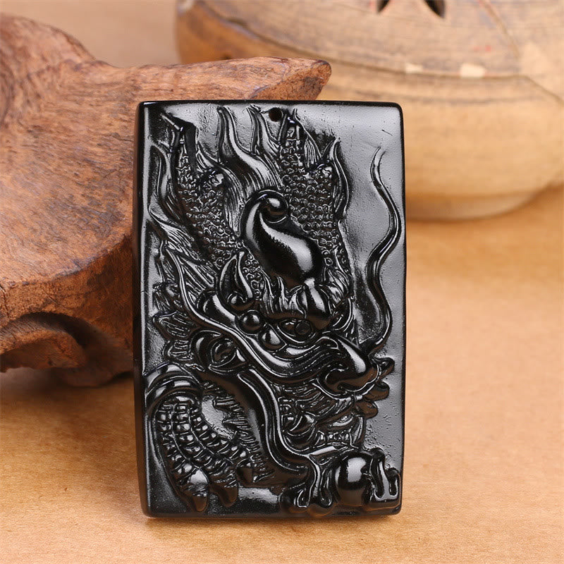 Nimara Ritual Natural Black Obsidian Rectangular Dragon Engraved Success Necklace Pendant