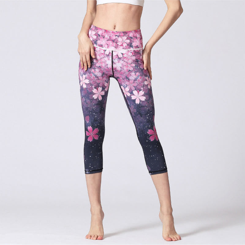 Nimara Ritual Cherry Blossoms Sakura Lines Print Sports Yoga Cropped Leggings Women's Yoga Capri Pants