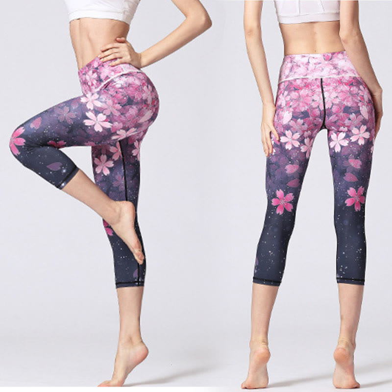 Nimara Ritual Cherry Blossoms Sakura Lines Print Sports Yoga Cropped Leggings Women's Yoga Capri Pants
