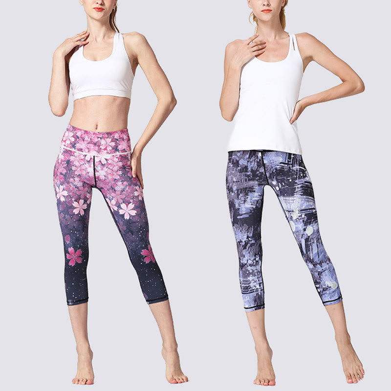 Nimara Ritual Cherry Blossoms Sakura Lines Print Sports Yoga Cropped Leggings Women's Yoga Capri Pants