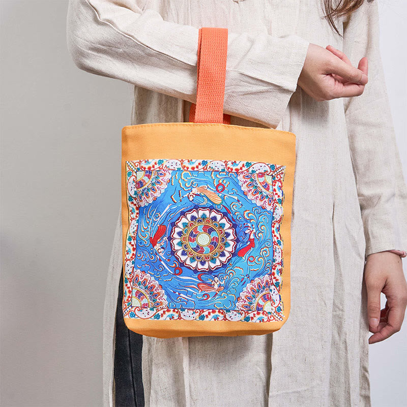 Nimara Ritual Dunhuang Flying Apsaras Lotus Buddha Statues Canvas Handbag