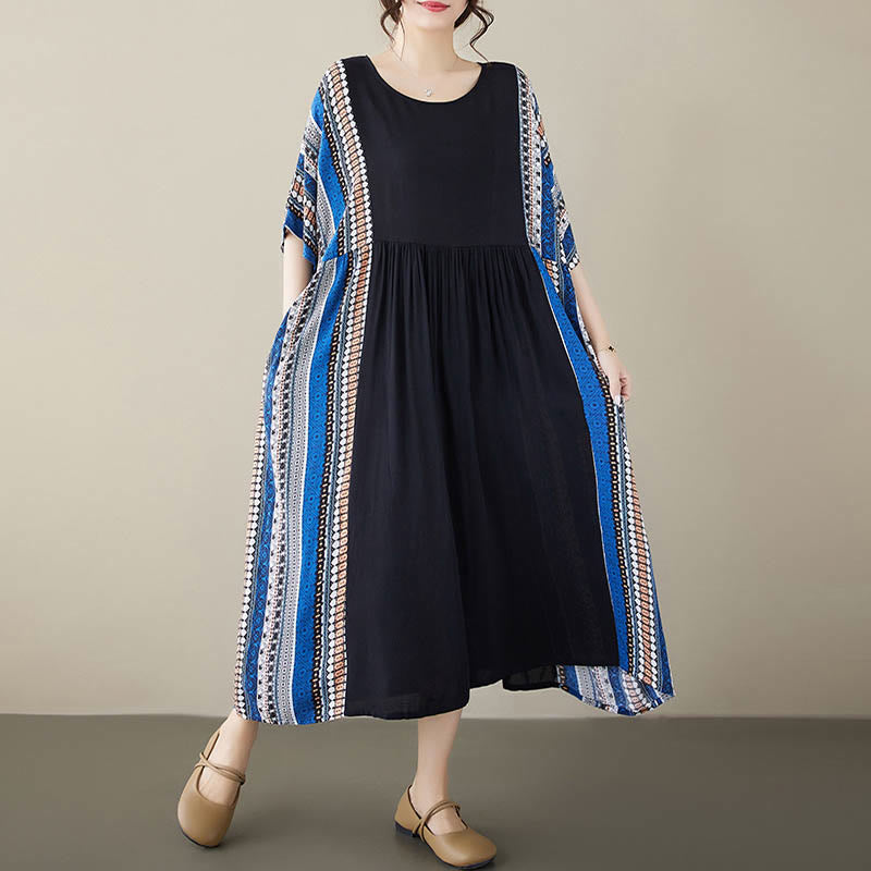 Nimara Ritual Black Blue Stripes Short Sleeve Midi Dress With Pockets