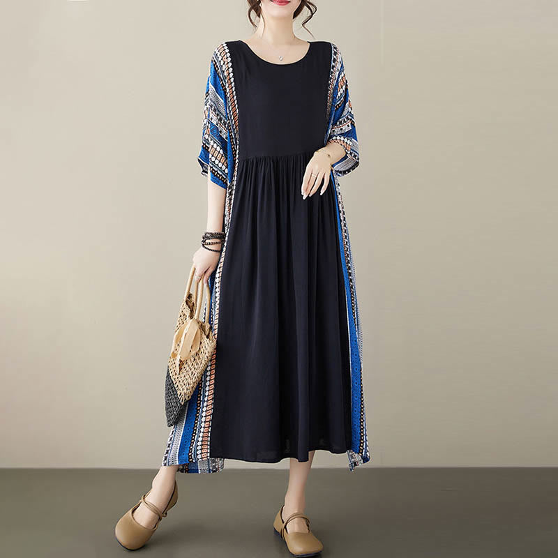 Nimara Ritual Black Blue Stripes Short Sleeve Midi Dress With Pockets
