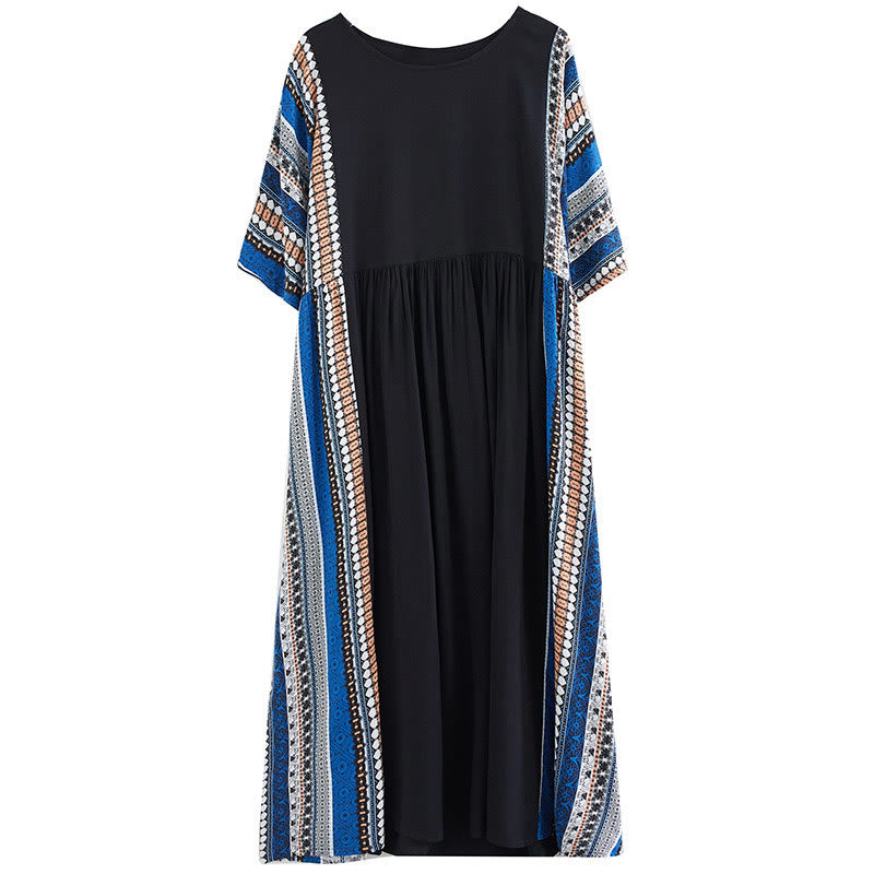 Nimara Ritual Black Blue Stripes Short Sleeve Midi Dress With Pockets