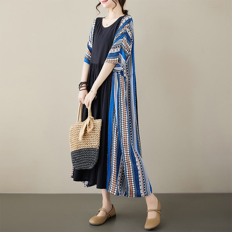 Nimara Ritual Black Blue Stripes Short Sleeve Midi Dress With Pockets