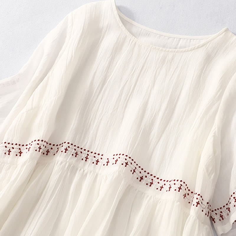 Nimara Ritual Solid Color Embroidery Short Sleeve Cotton Midi Dress With Pockets