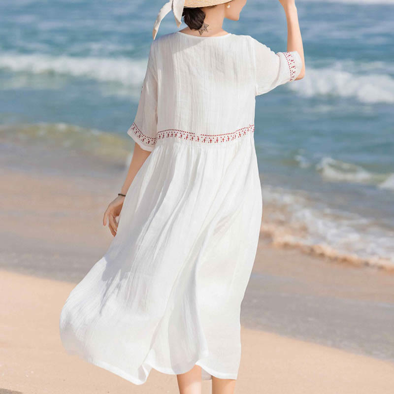 Nimara Ritual Solid Color Embroidery Short Sleeve Cotton Midi Dress With Pockets