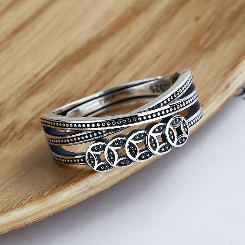 Nimara Ritual 925 Sterling Silver Copper Coins Wealth Blessing Adjustable Ring