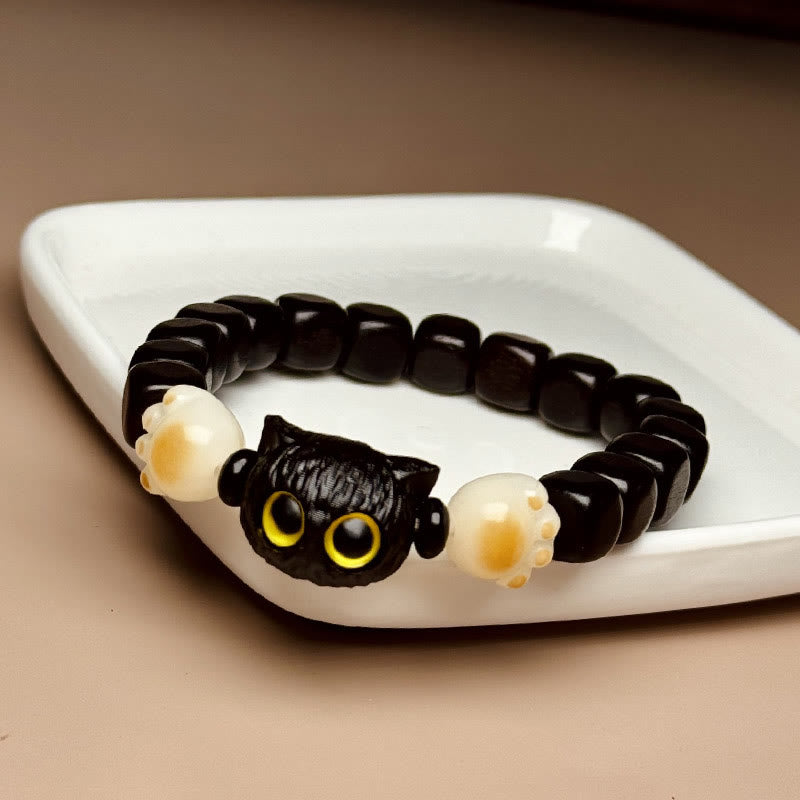 Nimara Ritual Ebony Wood Cute Cat Bodhi Seed Paw Claw Peace Bracelet