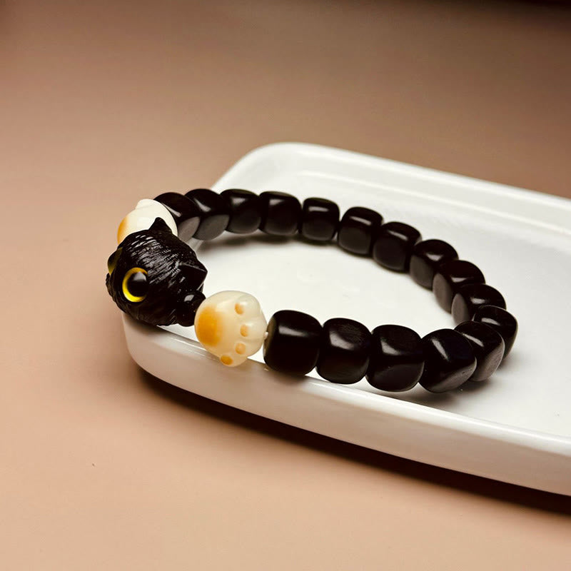 Nimara Ritual Ebony Wood Cute Cat Bodhi Seed Paw Claw Peace Bracelet
